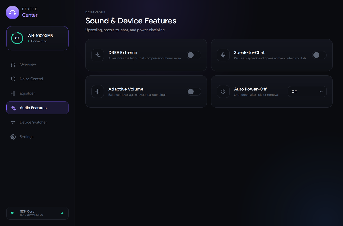Sound and device features page with DSEE Extreme, Speak-to-Chat, Adaptive Volume and Auto Power-Off