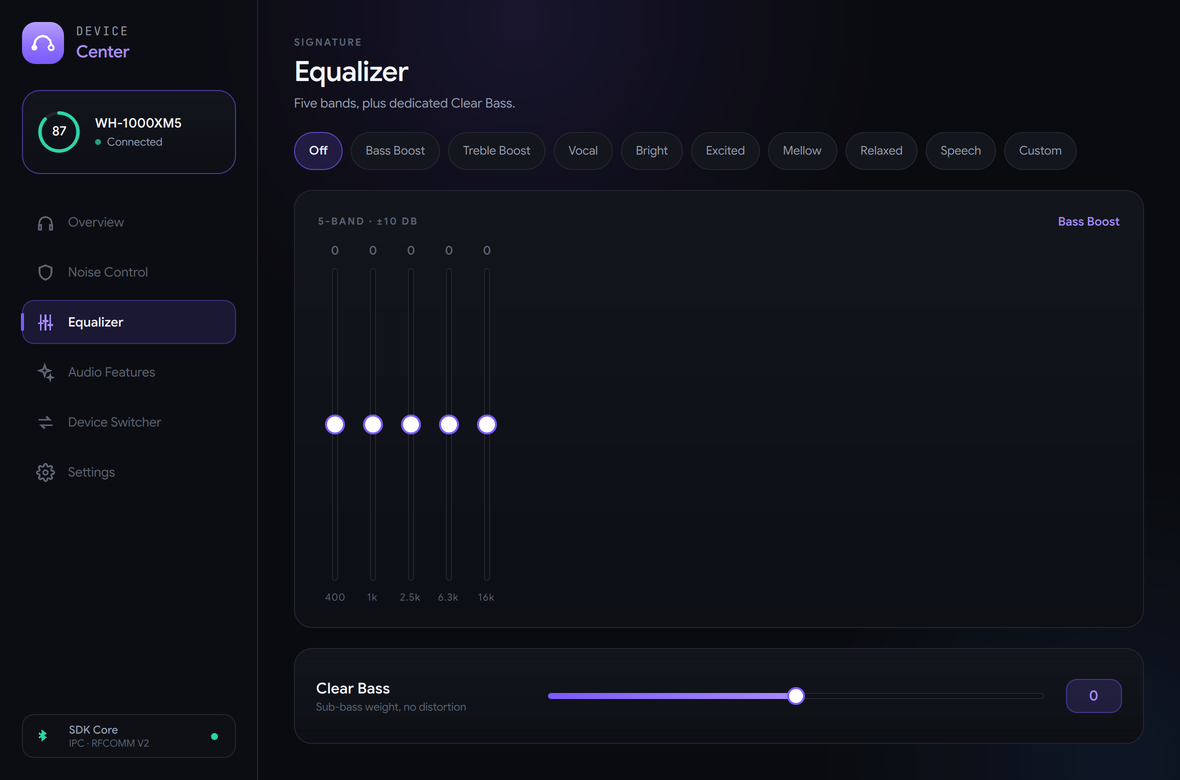 Equalizer page with preset chips, five band sliders and a Clear Bass slider