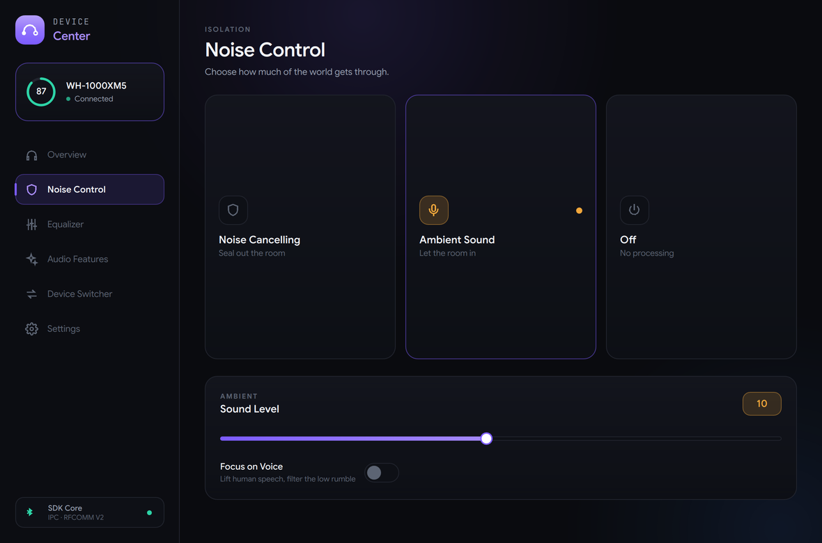 Noise Control page with noise cancelling, ambient sound and off modes, an ambient level slider set to 10 and a Focus on Voice toggle