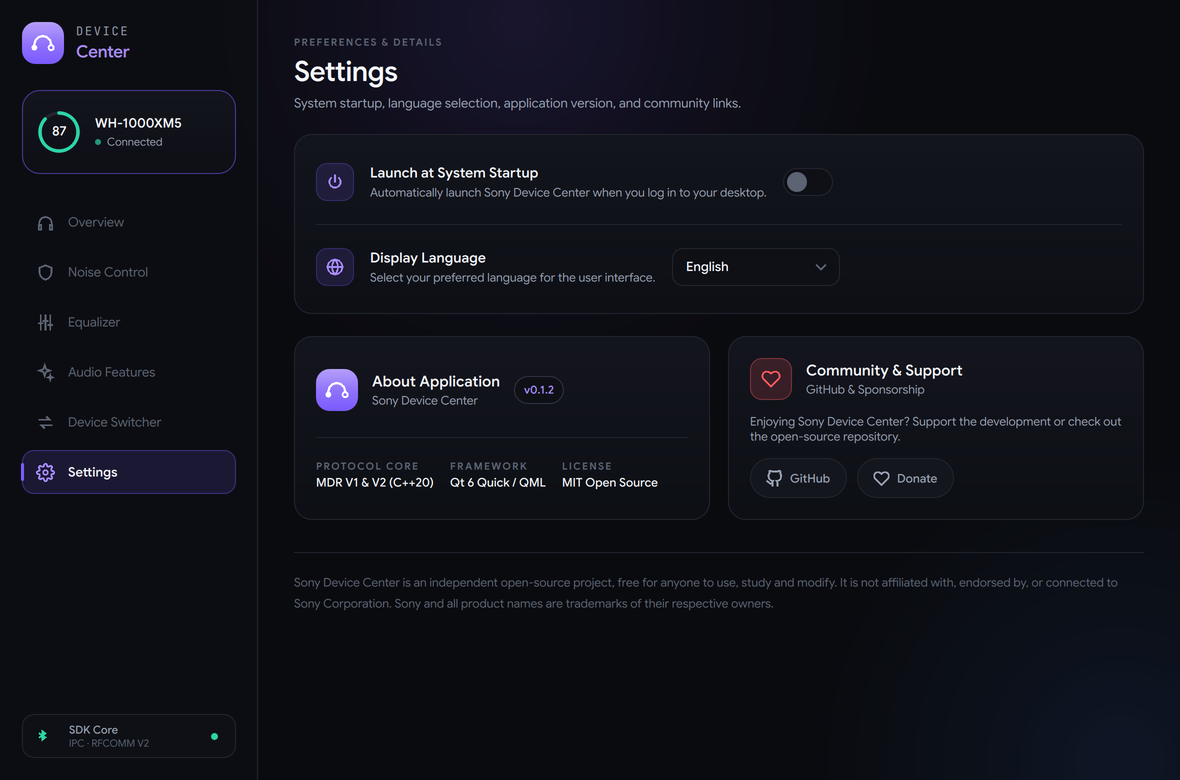 Settings page with launch at startup, display language, app version and community links